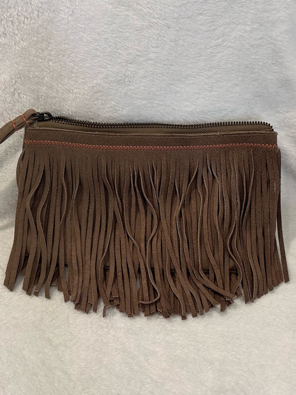 American Eagle Wristlet Boho Fringe Suede On Canvas Light Brown cowgirl boho